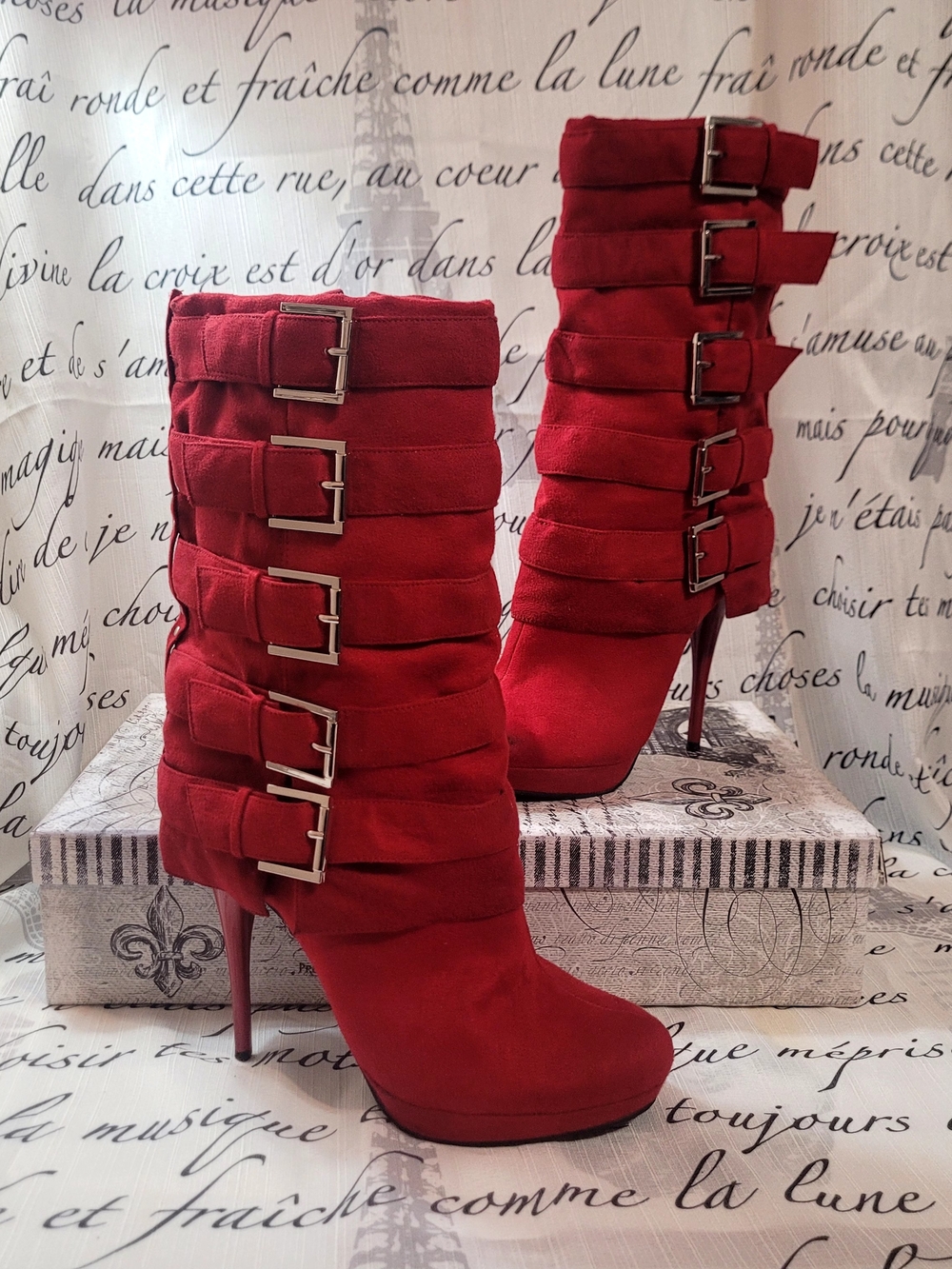 Michael Antonio Red Suede Buckled Stacked Ankle Boots